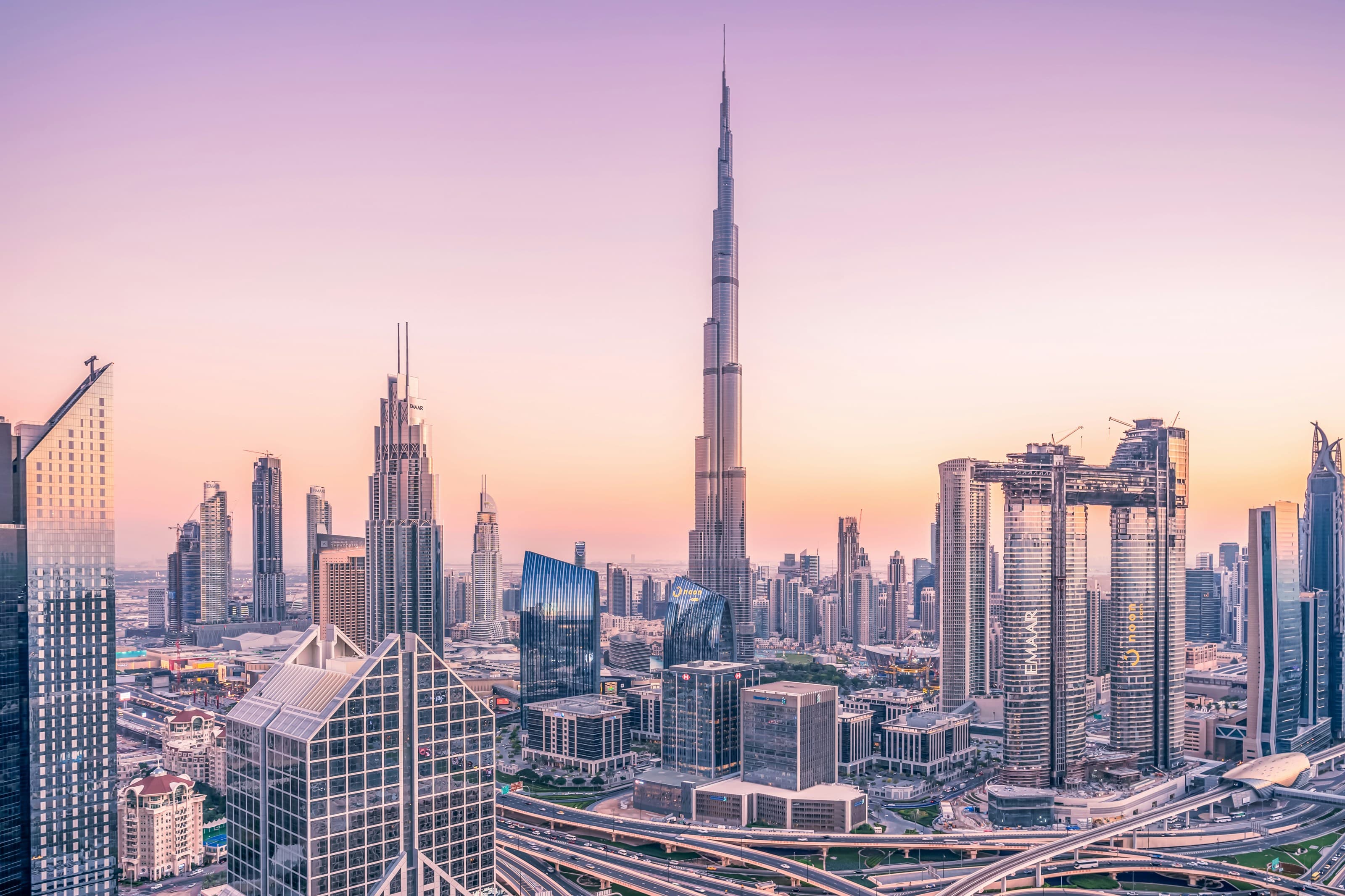 Dubai skyline with Burj Khalifa at sunrise