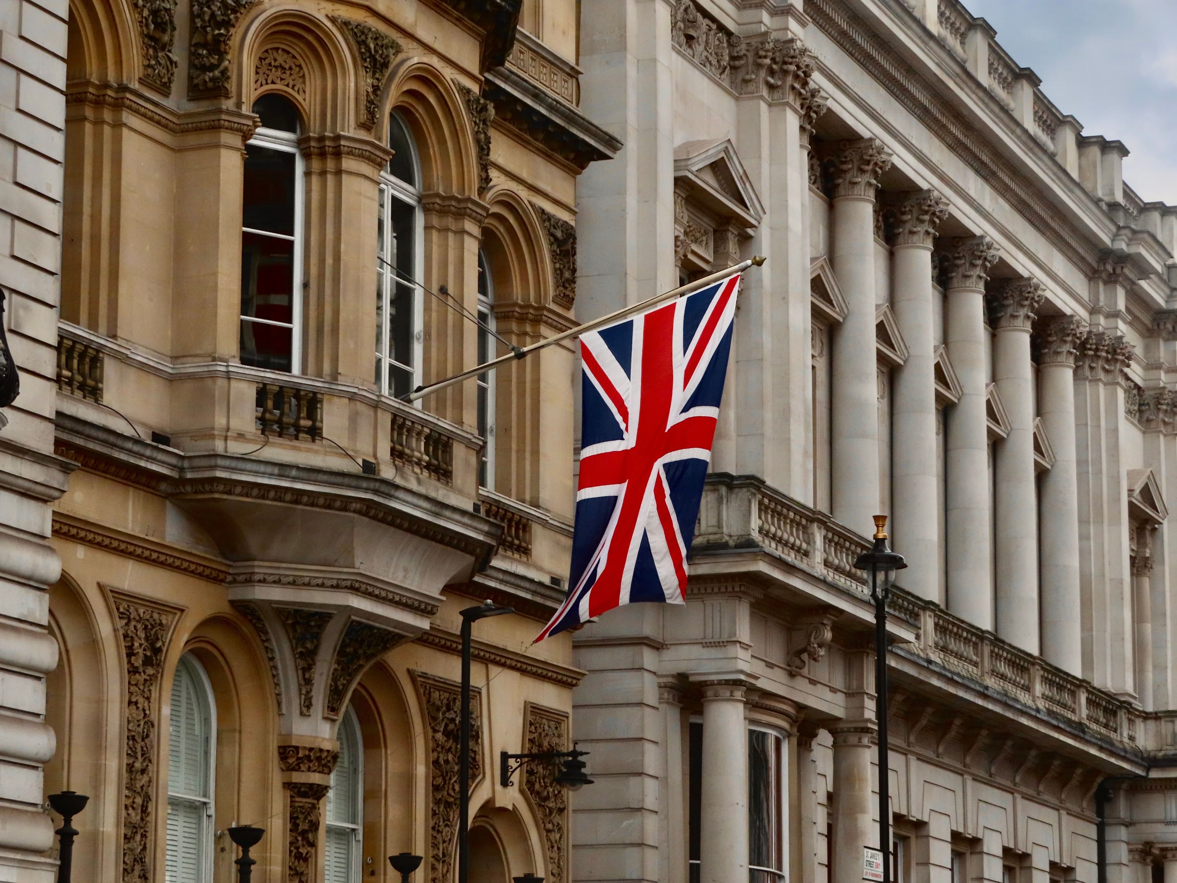 United Kingdom flag outside a historic London building