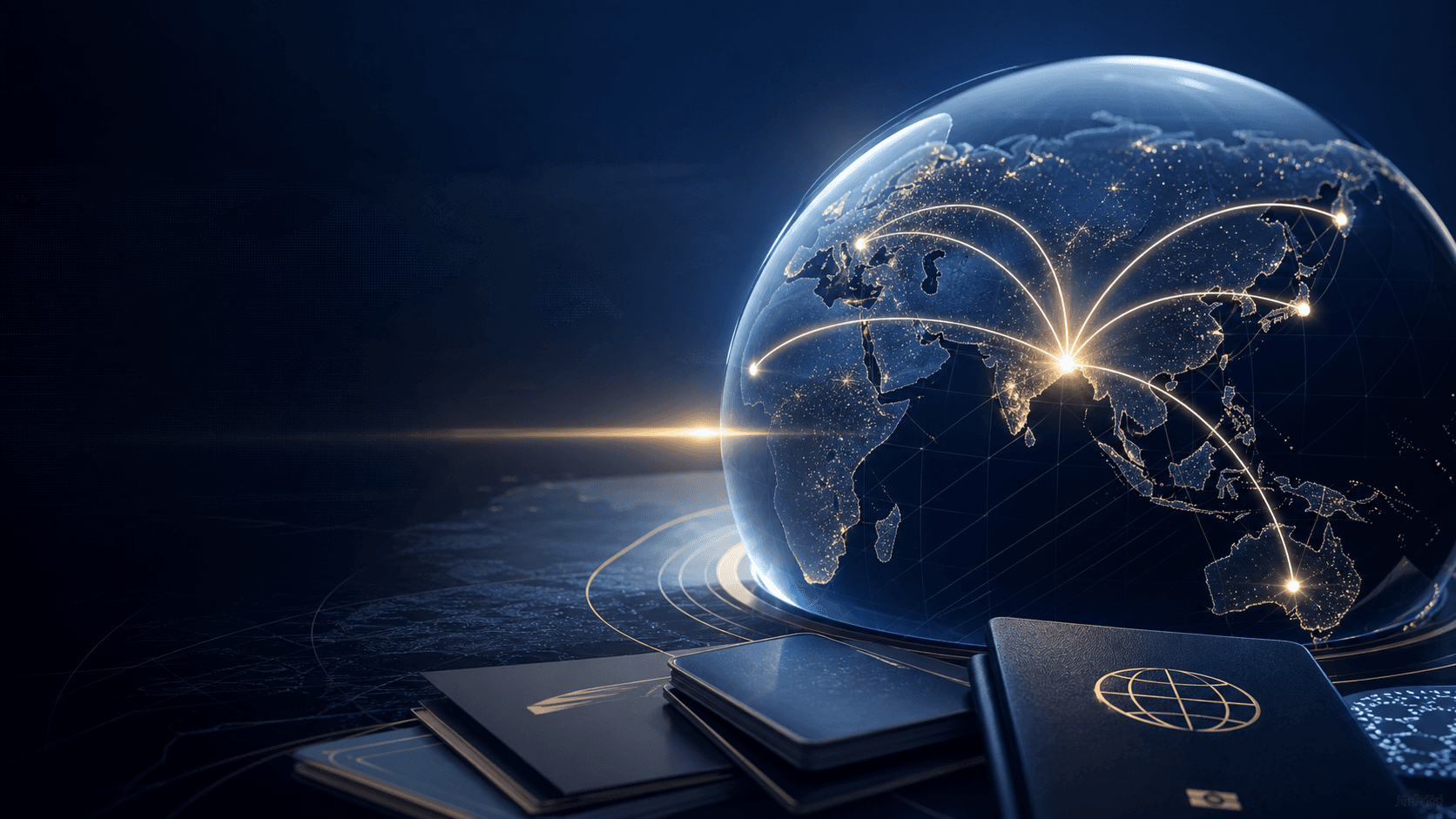 Global migration routes from India visualized across a premium digital globe