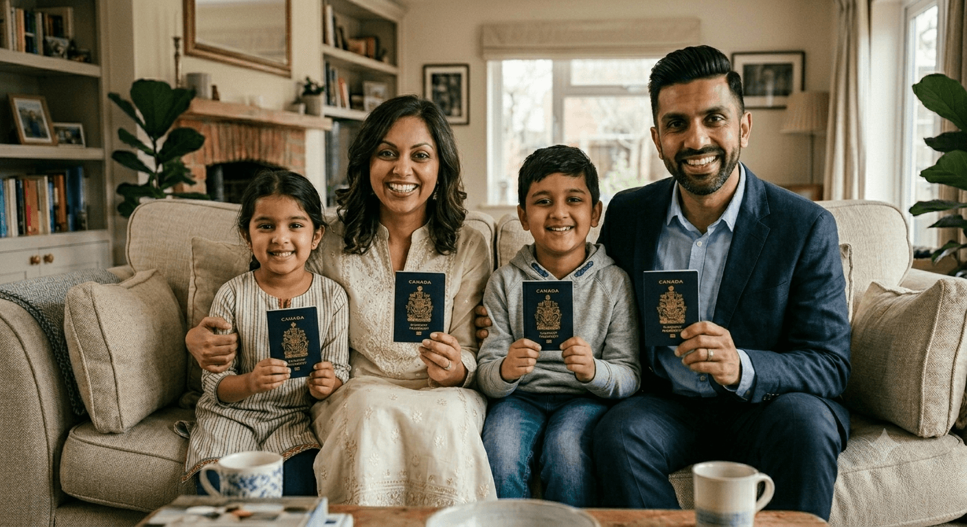 Family smiling while holding Canadian passports